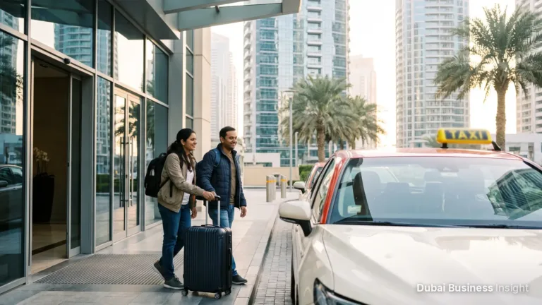 Couple with a suitcase leaving a Dubai apartment building for a holiday in the morning