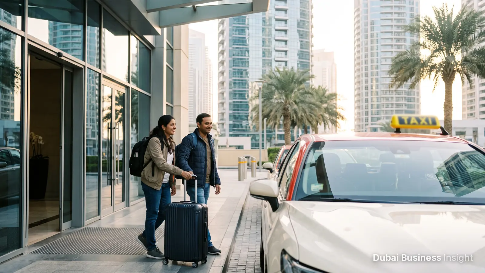 Couple with a suitcase leaving a Dubai apartment building for a holiday in the morning