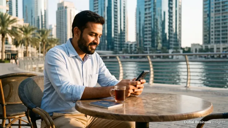 Man checking his UAE visa status on a smartphone at a café on the Dubai Marina promenade