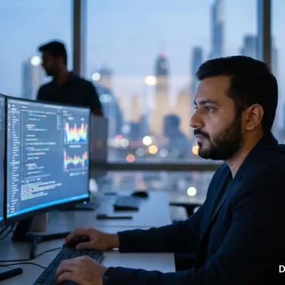 Software engineer working at dual monitors in a Dubai tech office at dusk