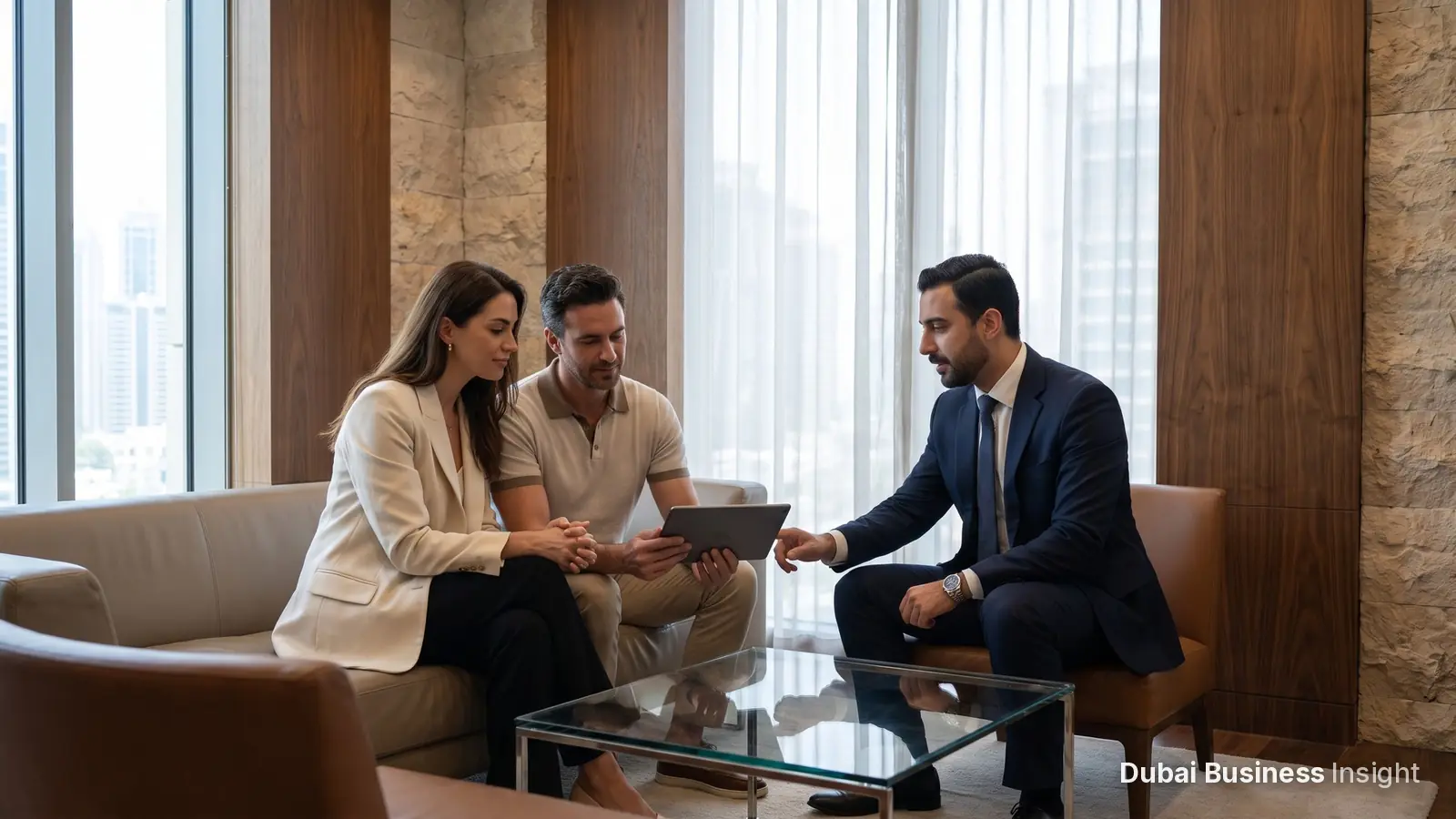 Relationship manager showing options on a tablet to clients in a Dubai bank lounge