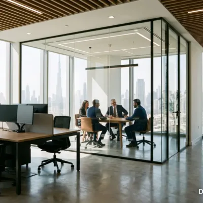 Glass-walled meeting room on an open-plan Grade A office floor in Dubai