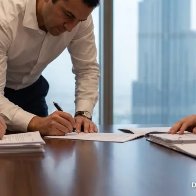 Executive signing an agreement at a boardroom table in a Dubai office tower