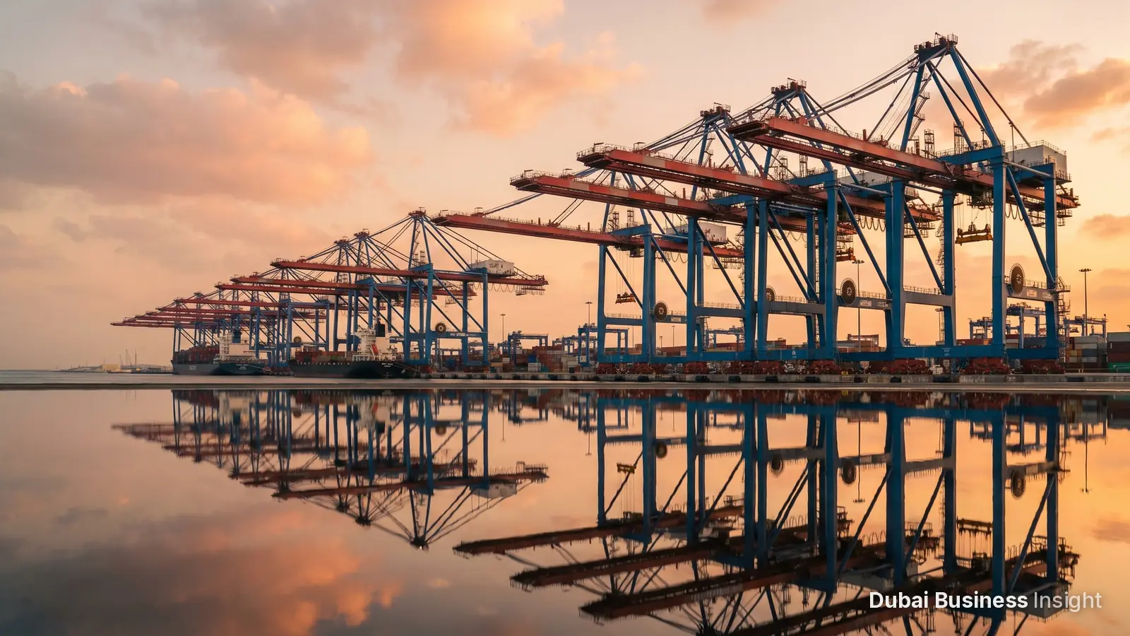 Ship-to-shore container cranes reflected in calm water at a UAE port at sunrise