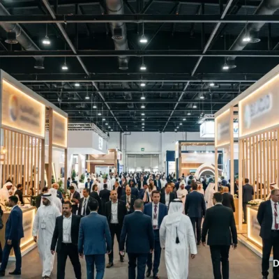 Business visitors walking the aisles of a trade exhibition hall in Dubai