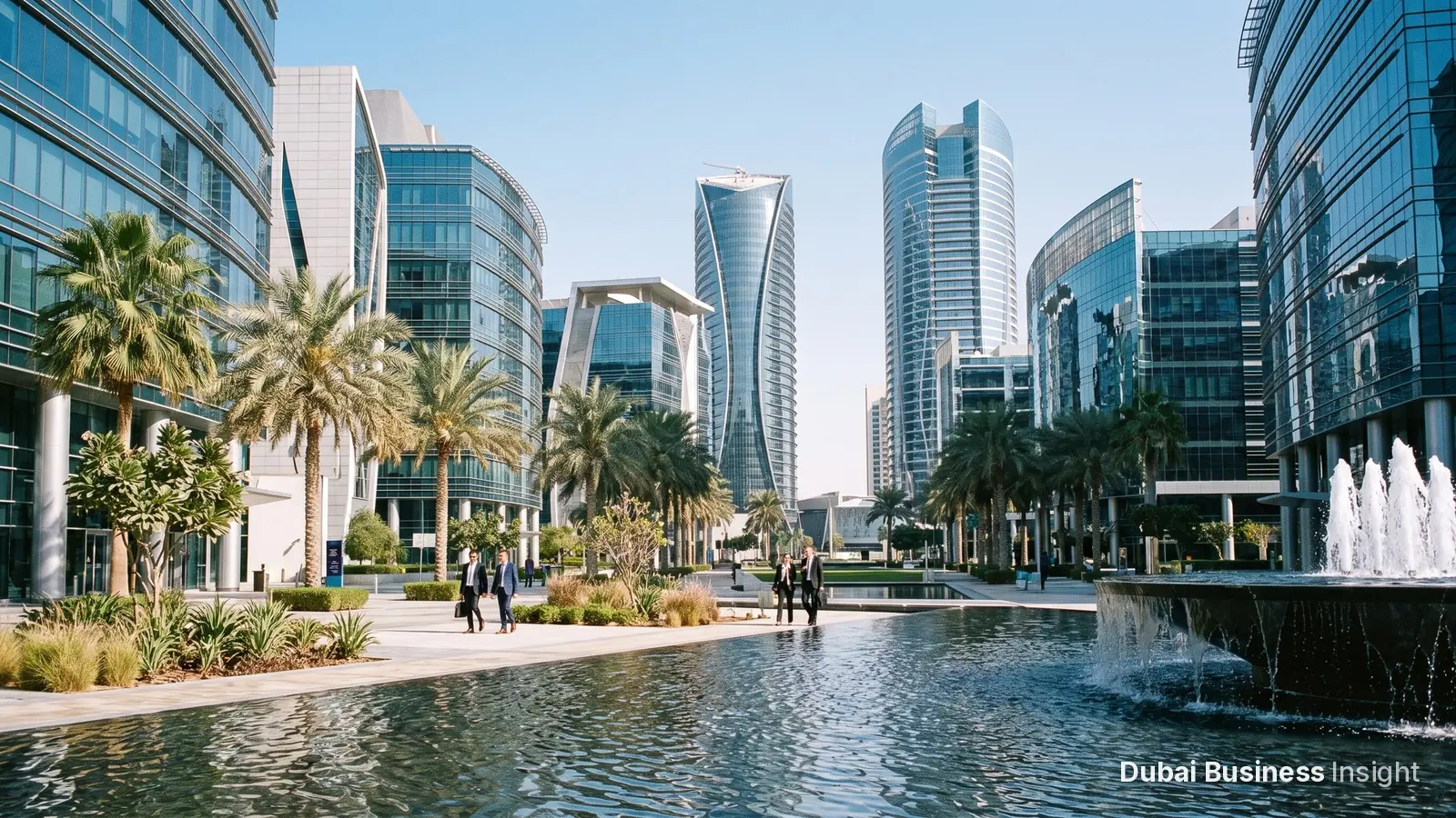 Modern free zone business district in Dubai with fountains, palms and glass towers