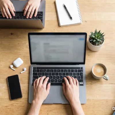 Freelancers typing on laptops at a shared wooden desk, seen from above