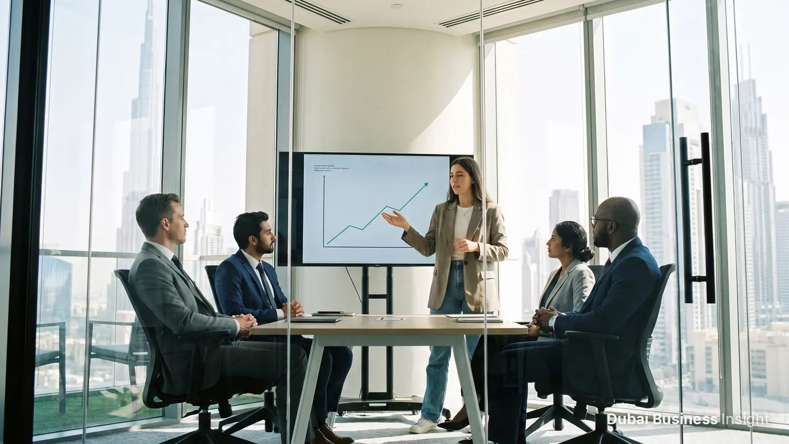 Founder pitching to investors in a glass-walled meeting room in Dubai