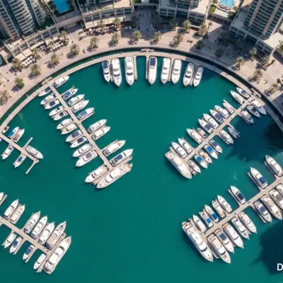 Aerial view of luxury yachts moored in Dubai Marina