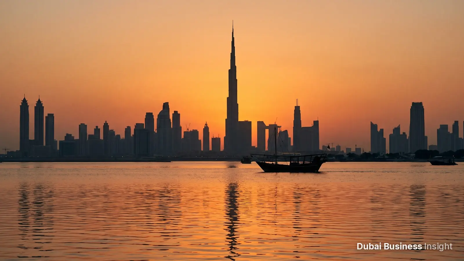 Dubai skyline and Burj Khalifa silhouetted at sunset across calm water