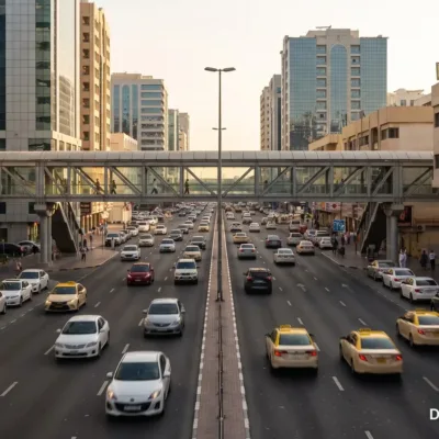 Busy multi-lane road with taxis and a pedestrian bridge in central Dubai