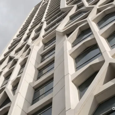 Sculpted white skyscraper facade in Dubai against a grey sky