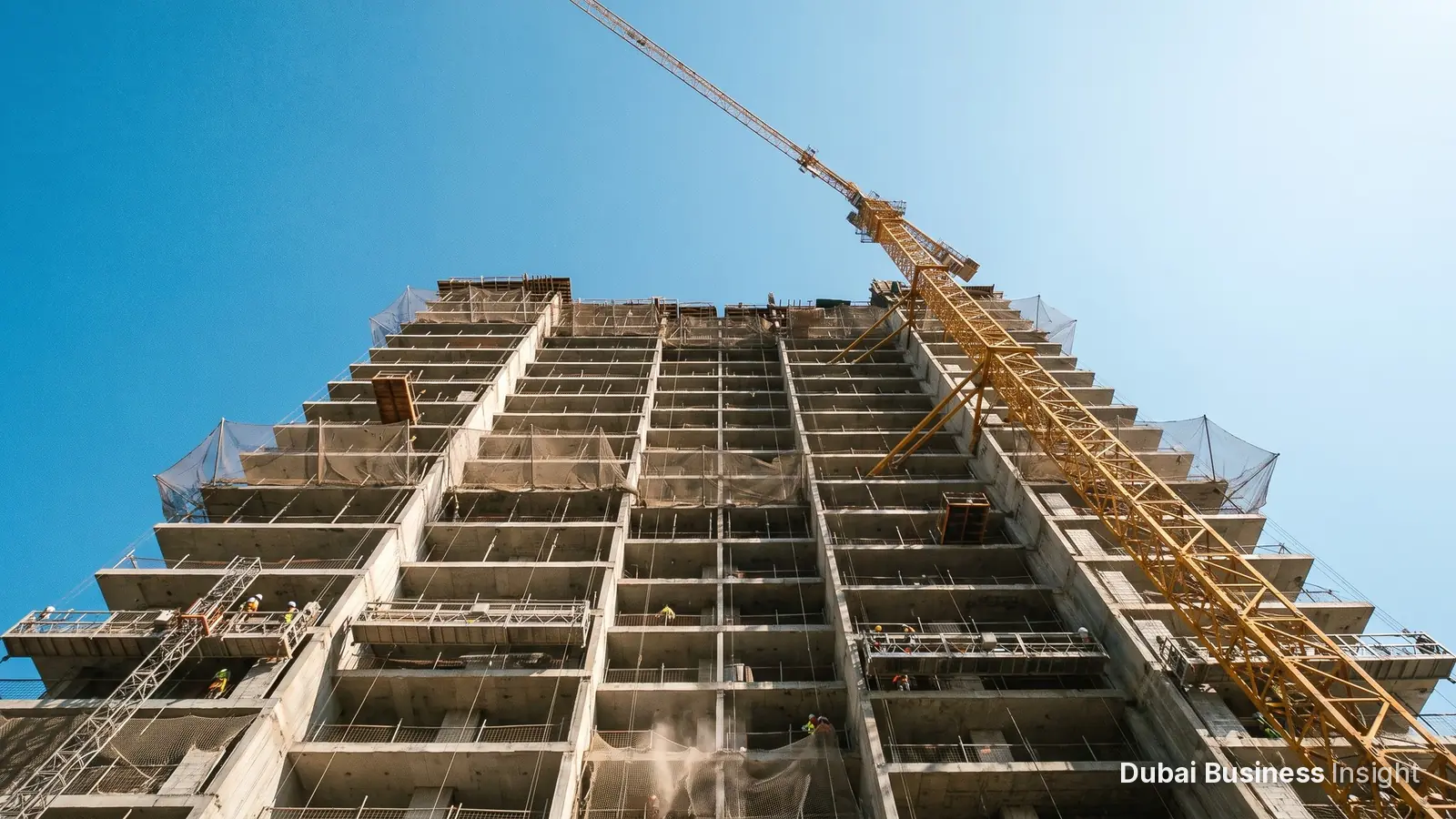 Looking up at a high-rise residential tower under construction in Dubai