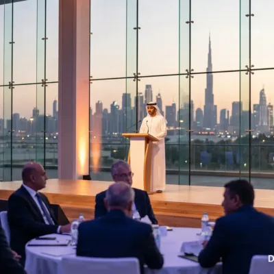 Speaker in a white kandura addressing business leaders at a policy forum in Dubai