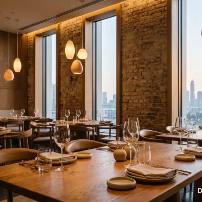 Upscale restaurant interior in Dubai with wooden tables and warm pendant lights