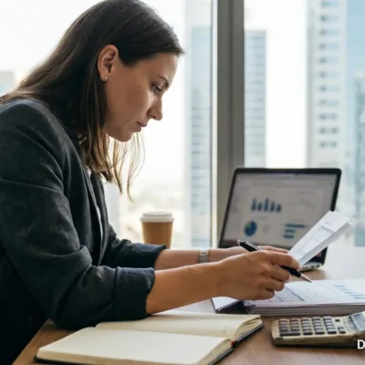 Finance professional reviewing invoices with a calculator at a Dubai office desk