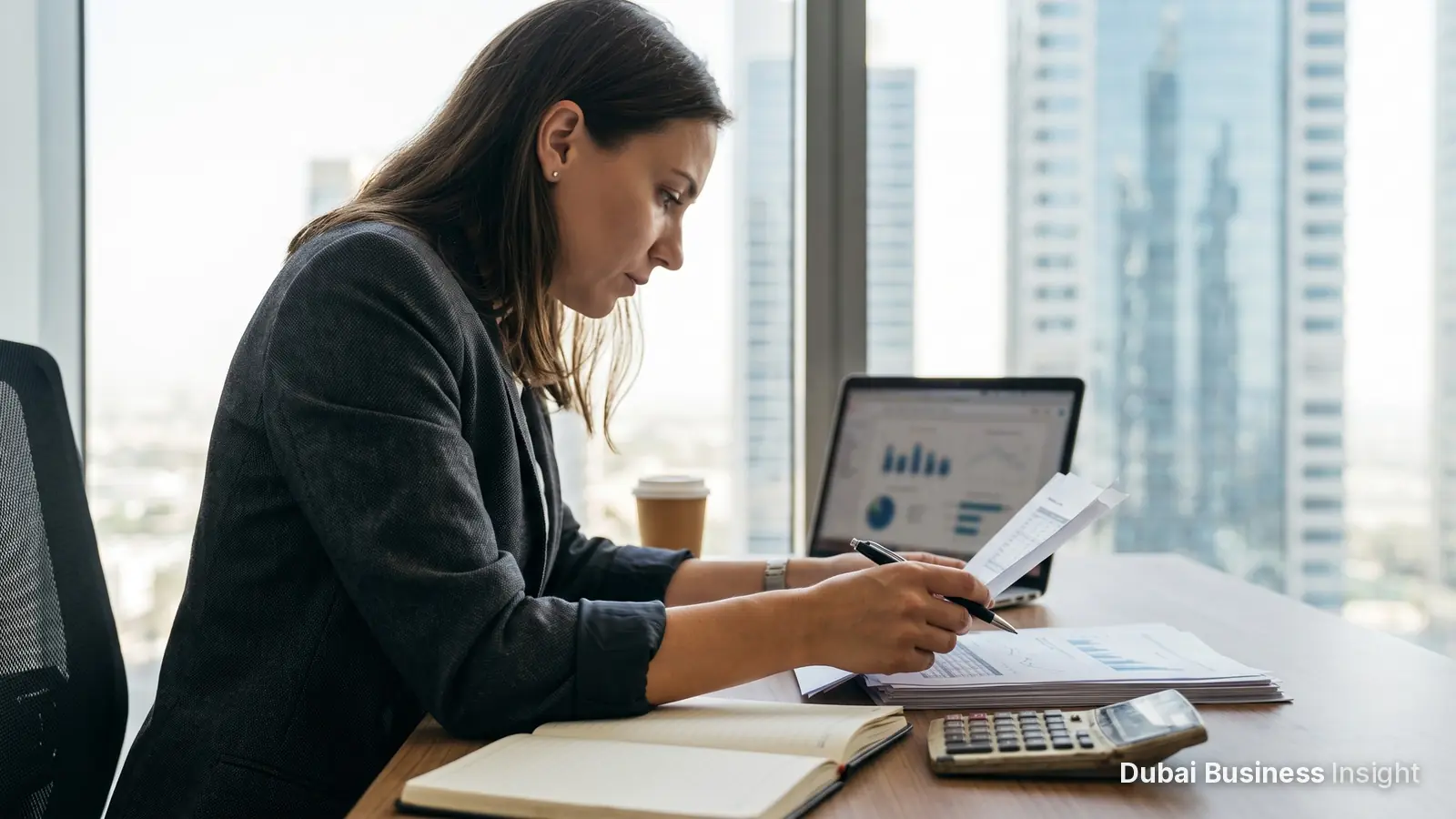 Finance professional reviewing invoices with a calculator at a Dubai office desk