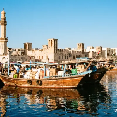 Wooden dhows loaded with trade goods moored on Dubai Creek in Deira