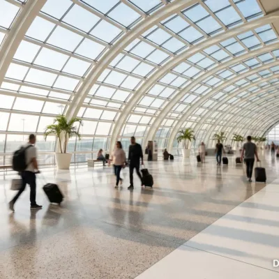 Travellers with suitcases walking through a bright UAE airport terminal
