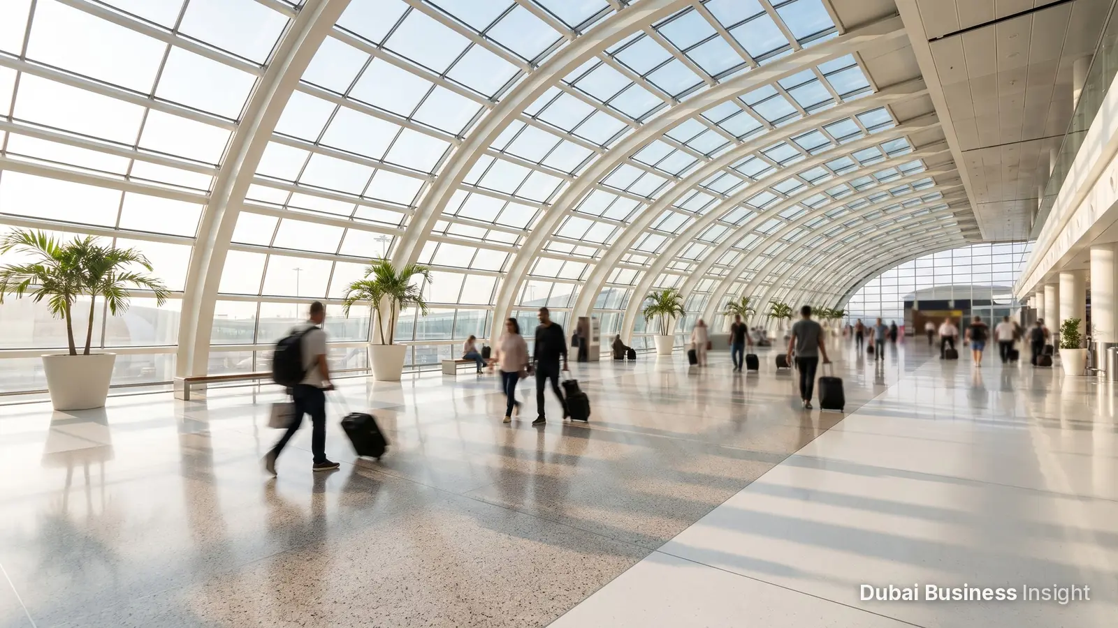 Travellers with suitcases walking through a bright UAE airport terminal