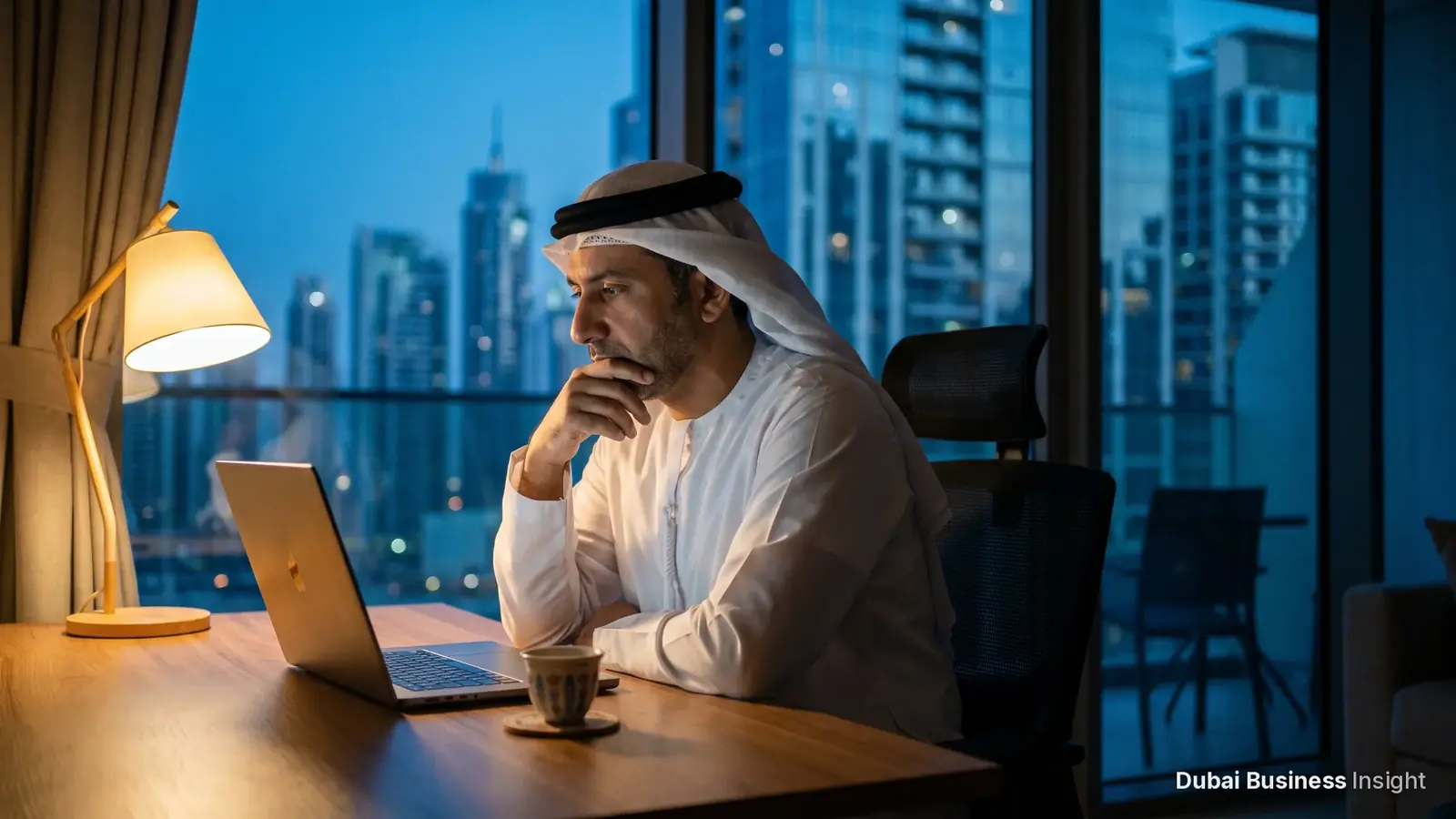 Man in a kandura checking Emirates ID fines on a laptop at home in Dubai in the evening