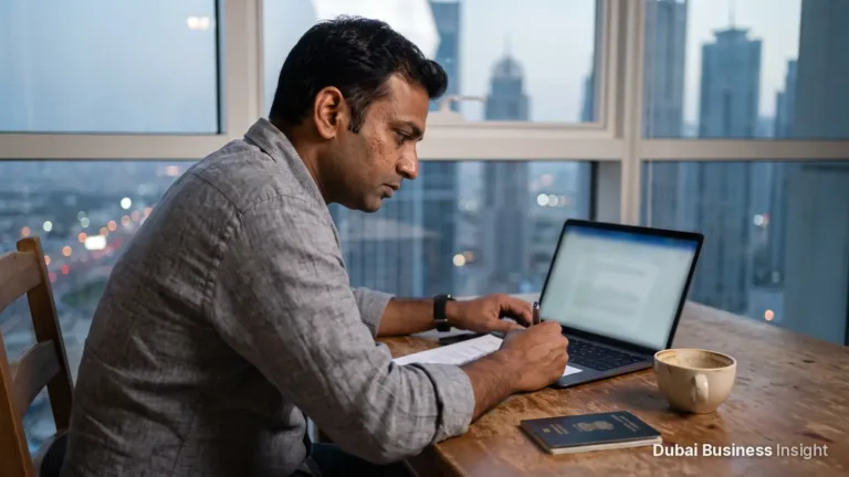 Resident renewing an Emirates ID online on a laptop at a home desk in Dubai with a passport beside it