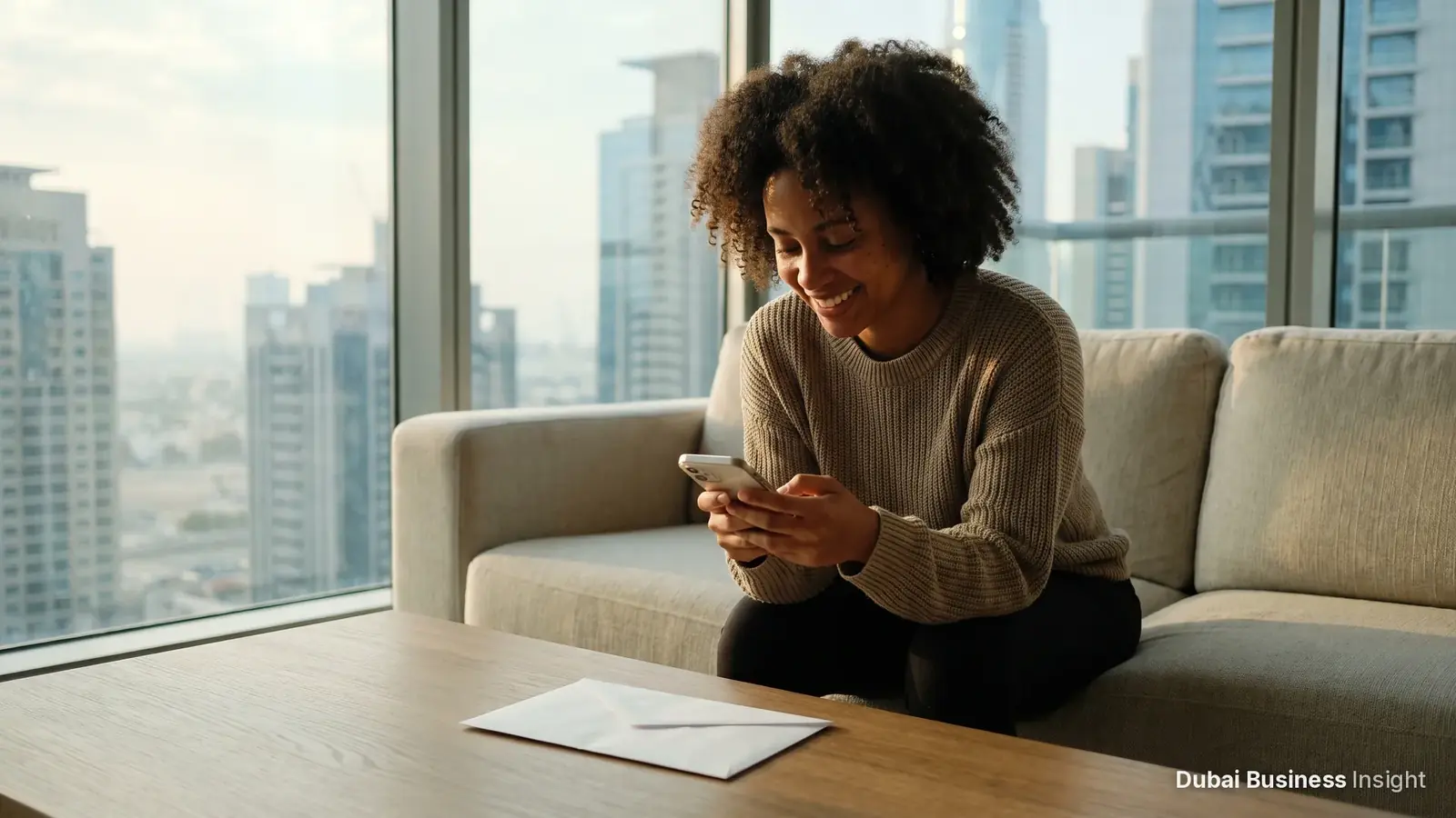 Woman reading an Emirates ID status update on her phone in a Dubai apartment, with the card envelope on the table