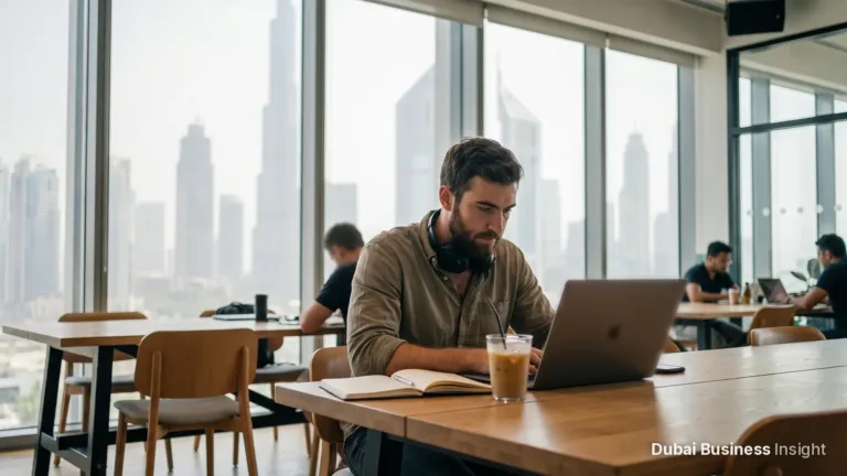 Freelancer working on a laptop at a co-working space in Dubai with the city skyline behind