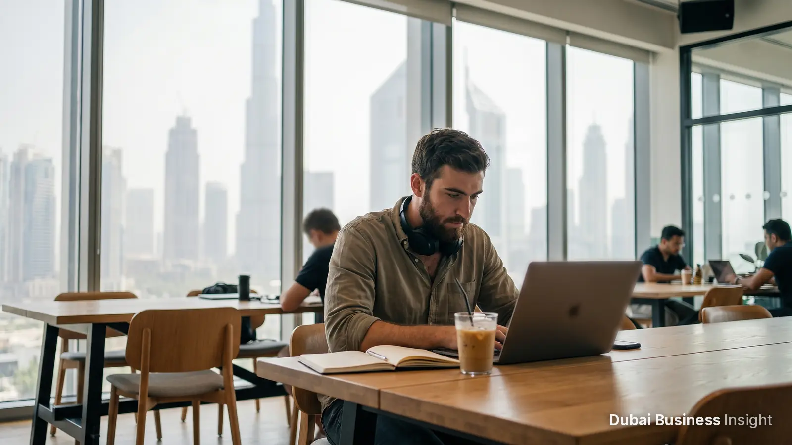 Freelancer working on a laptop at a co-working space in Dubai with the city skyline behind