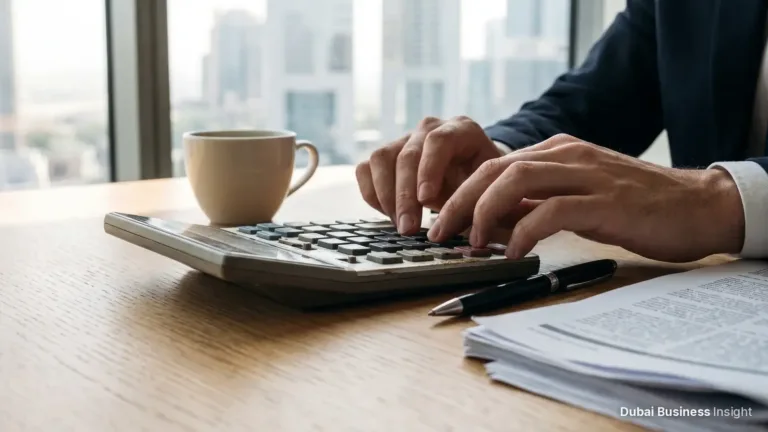 Hands working out an end-of-service gratuity on a desk calculator in a Dubai office