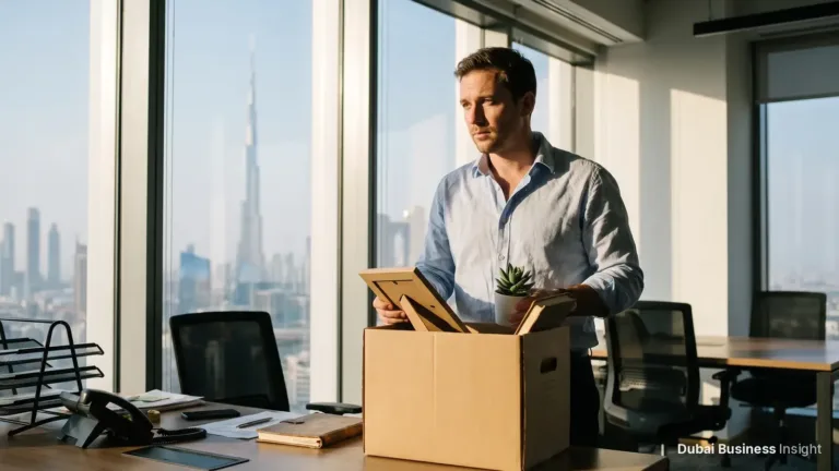 Employee packing his office desk into a box after losing his job in Dubai