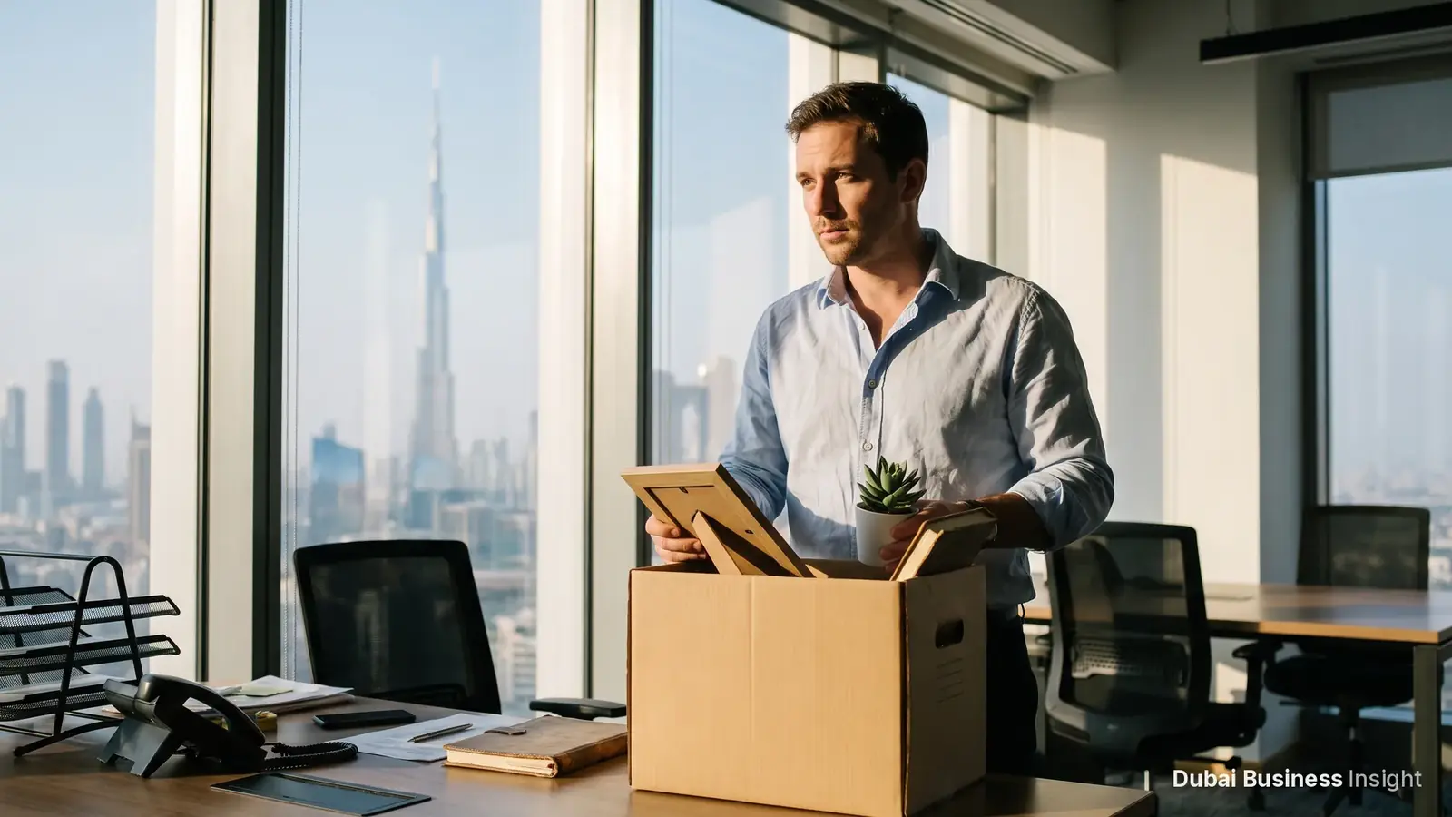 Employee packing his office desk into a box after losing his job in Dubai