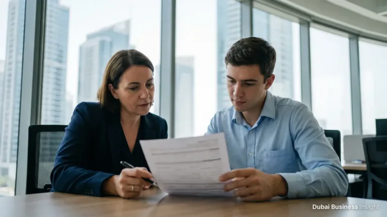HR manager and employee reviewing a work contract together in a Business Bay office, Dubai