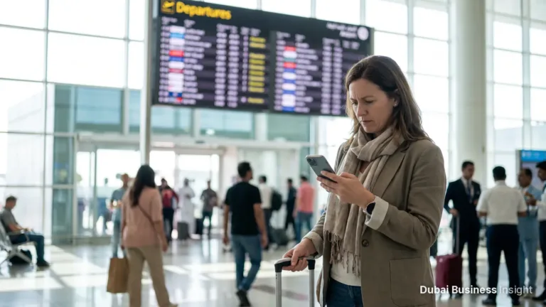 Traveller checking a visa fine on a phone at a departure hall in a UAE airport