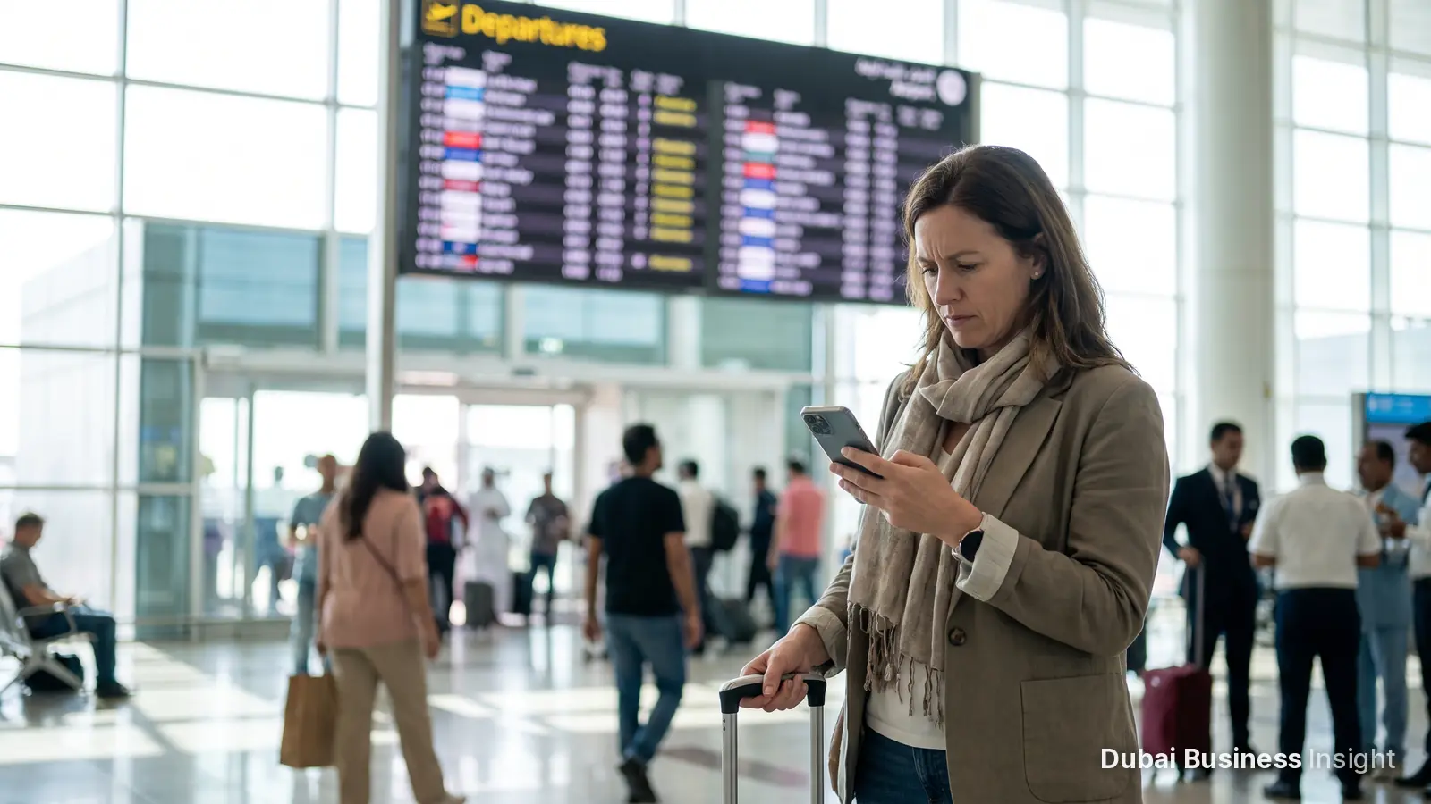 Traveller checking a visa fine on a phone at a departure hall in a UAE airport