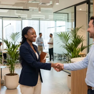 New employee on the first day at work being welcomed by a colleague at a reception desk in Dubai