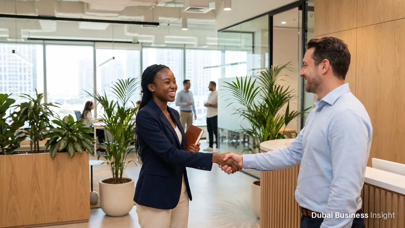 New employee on the first day at work being welcomed by a colleague at a reception desk in Dubai