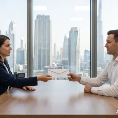 Employee handing a resignation letter to a manager across a desk in a Dubai office