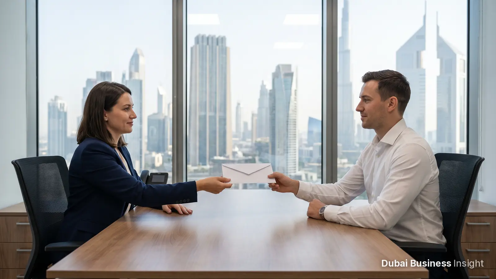 Employee handing a resignation letter to a manager across a desk in a Dubai office