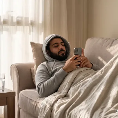 Man resting on a sofa at home in Dubai with a glass of water and a phone, off work sick