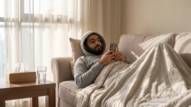 Man resting on a sofa at home in Dubai with a glass of water and a phone, off work sick