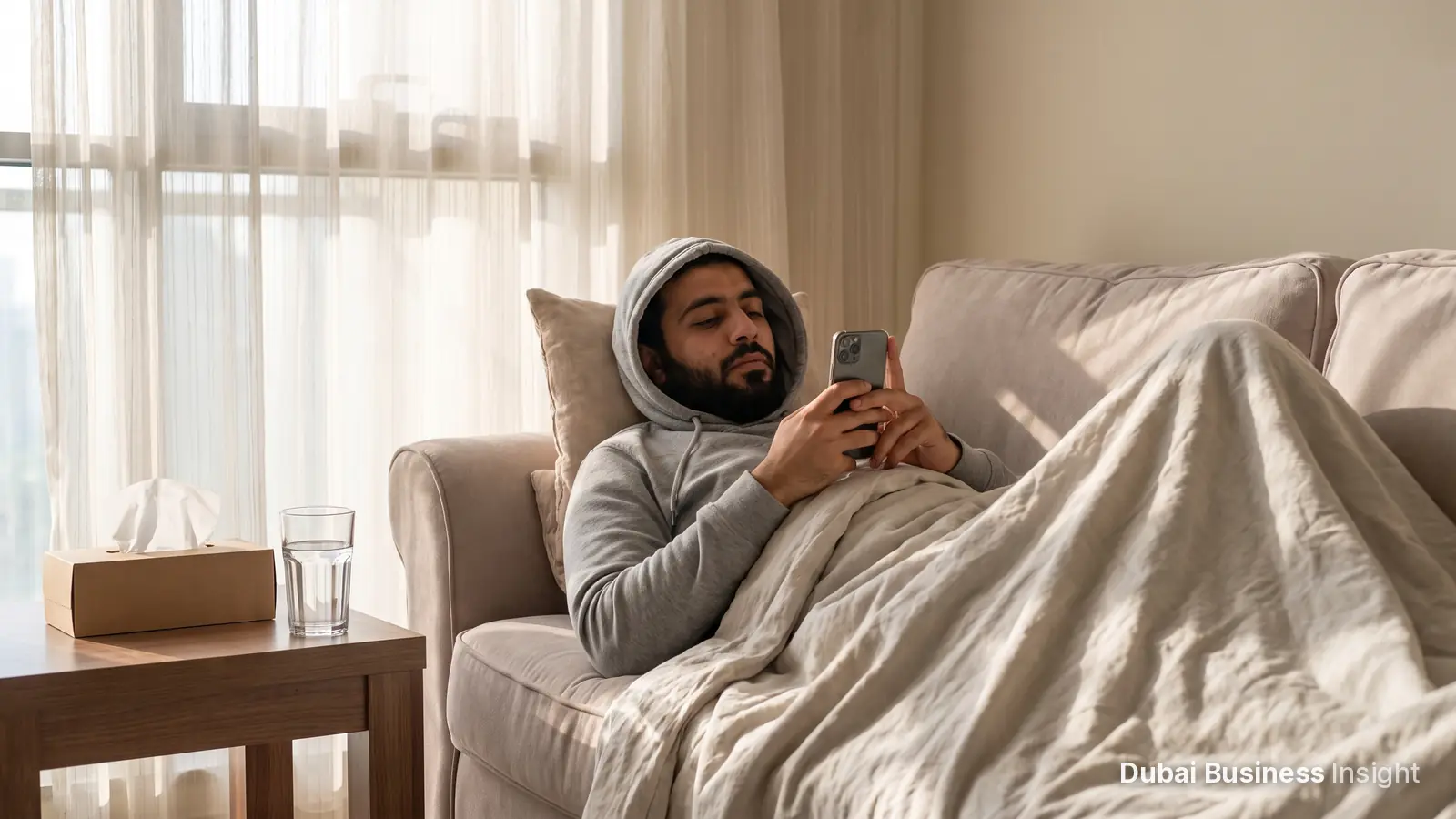 Man resting on a sofa at home in Dubai with a glass of water and a phone, off work sick