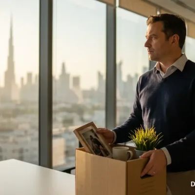 Employee packing personal items into a box at an office desk in Dubai after the last day of work
