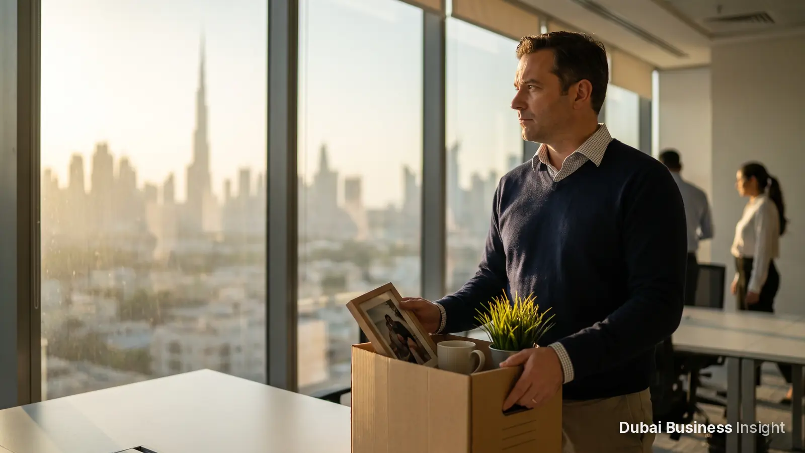 Employee packing personal items into a box at an office desk in Dubai after the last day of work