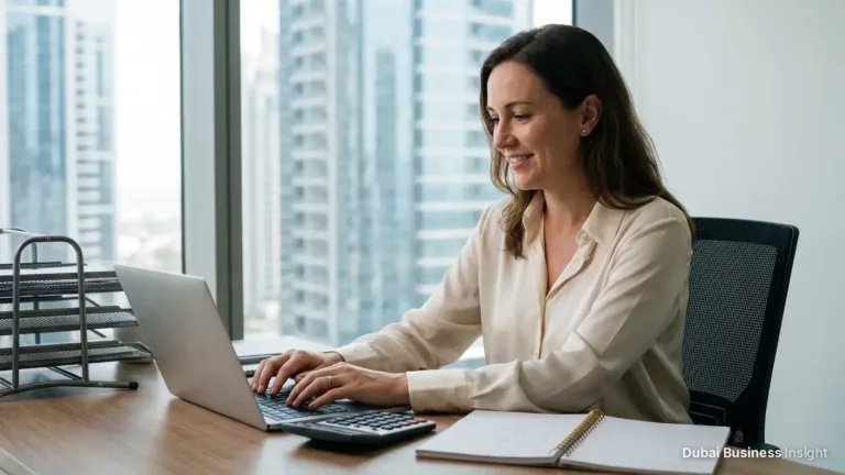 Accountant calculating an employee's end-of-service gratuity on a laptop in a Dubai office