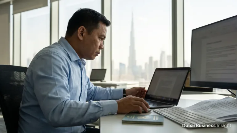 Office worker in Dubai checking an electronic work permit on a laptop next to a passport