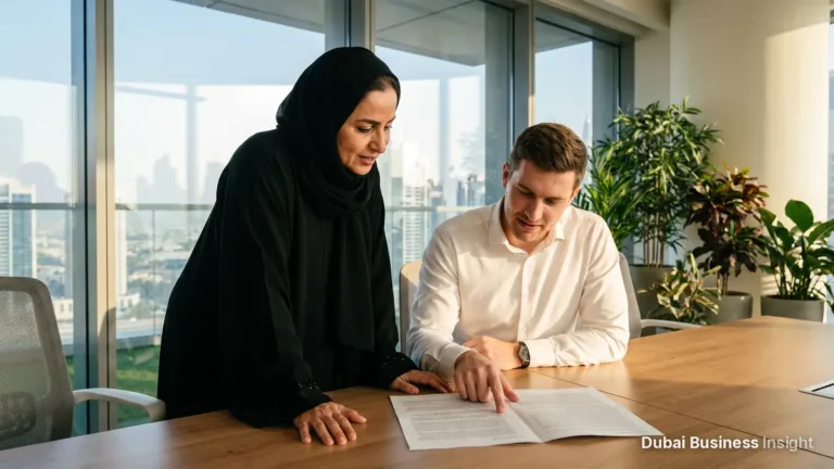 Employee and HR manager reading an employment contract together in a Dubai office