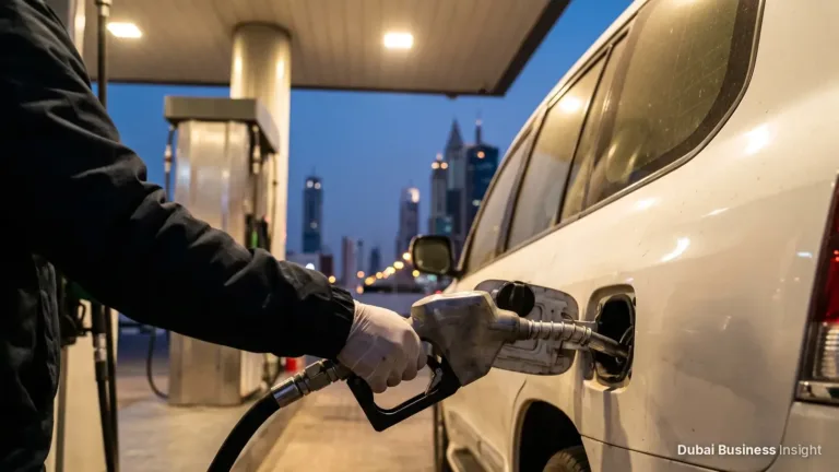 Driver refuelling a white SUV at a petrol station in Dubai at dusk, with Sheikh Zayed Road towers behind