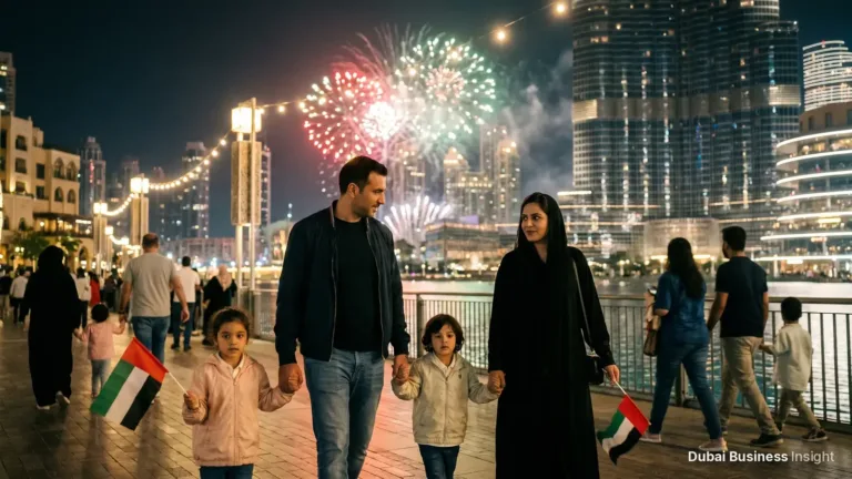 Emirati family holding UAE flags on a Dubai waterfront promenade as fireworks light up the skyline on a public holiday